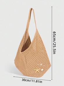 ROMWE Fairycore 1 pieza Bolso de playa tipo tote de mujer de gran capacidad, tejido hueco de color caqui, con decoración de conchas y estrellas de mar de estilo vacacional tropical y oceánico - Multicolor - Ver 2