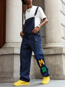 PAVTROS 男士休闲街头字母印花翻盖口袋牛仔背带裤 - 中等水洗藍 - 查看 6