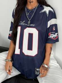 Coolane 女士和男士夏季外出返校节休闲比赛日 Y2K 透气网眼数字图案超大深蓝色平纹针织 T 恤 - 藏蓝色 - 查看 4