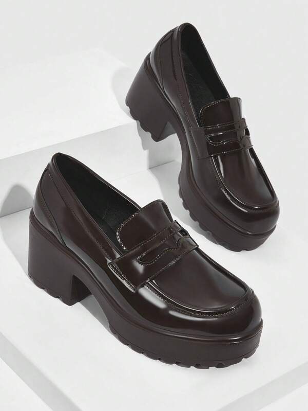 CUCCOO BIZCHIC Women Shoes Minimalist Chunky Heeled Elegant Brown Artificial Leather Flatform Loafers Shoes For Summer Graduation Heels Prom Heels Vacation Shoes Summer Elegant Basics Business Casual Business Chic Spring Shoes Spring Break Easter
