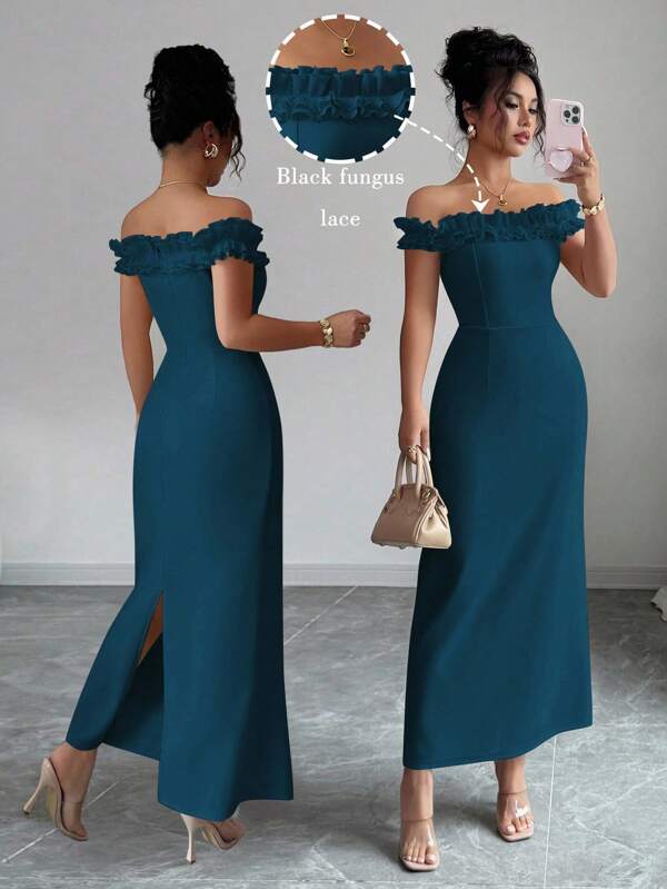 Elenzga Elegant Off Shoulder Ruffle Trim Waist Romantic Women Dress