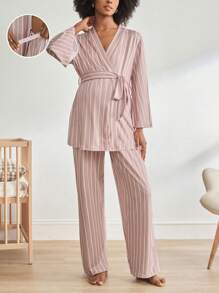 BloomMama 2pcs Striped Print Flare 3/4 Sleeve Maternity Sleepwear Set - Pajama Top And Long Pants, Fall Winter Clothes - Dusty Pink - View 1
