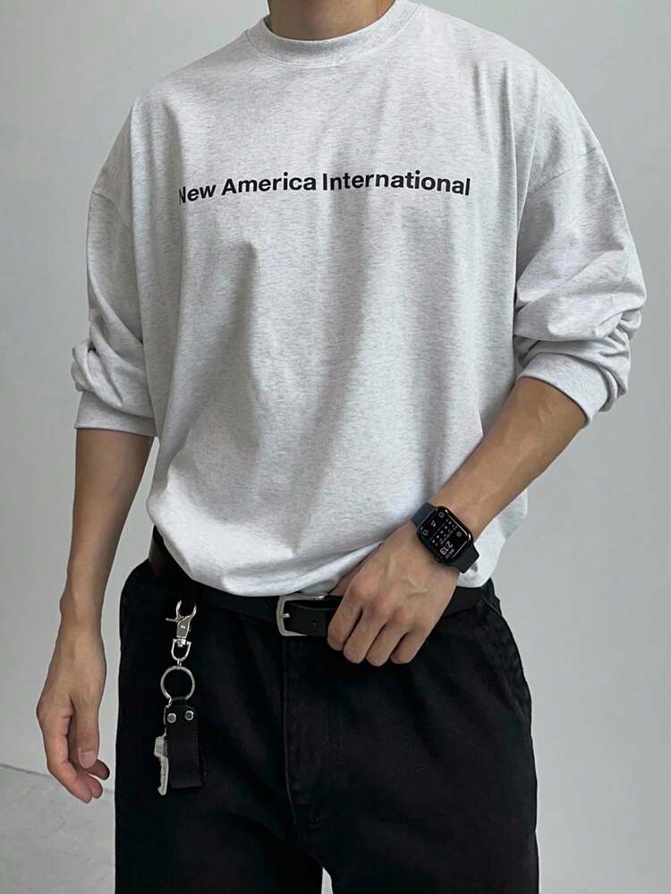 Men's Letter Print Gray Crew Neck Long Sleeve T-Shirt, Autumn