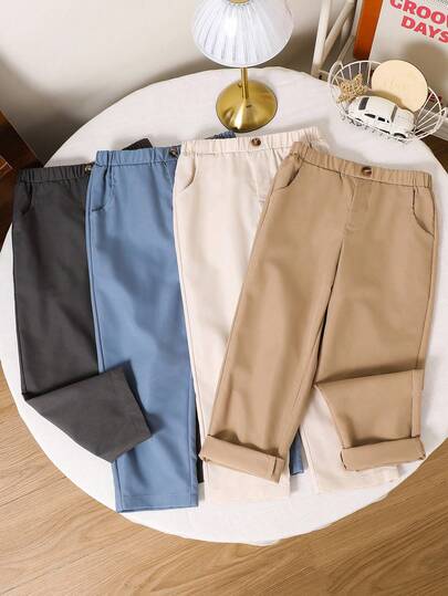 SHEIN LMoss 儿童 4 件套年轻男孩休闲学院风纯色纽扣和口袋设计宽松舒适长裤，适合户外、度假、派对、学校、家居穿着，适合春夏季