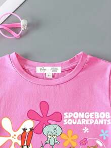 SpongeBob SquarePants | SHEIN Young Girl Cute Cartoon Print Short Sleeve T-Shirt, Summer Casual - Pink - View 6