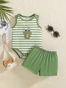 SHEIN 男婴可爱条纹两件套，春夏 - 軍綠色 - 查看 2