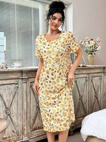 CottageSlumber 女式宽松短袖罗纹针织迷你卷边睡袍，Moo Moo 睡裙 - 黃色 - 查看 3