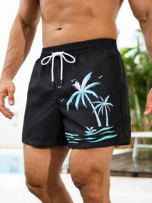 Manfinity Swimmode Quần short nam màu đen, chất liệu vải dệt, họa tiết nhiệt đới, kiểu dáng thường ngày, có dây rút và túi. - màu đen - Xem 5