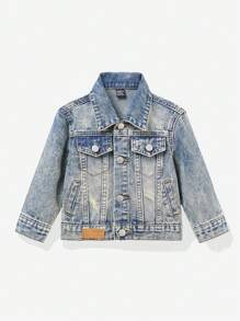 SHEIN Baby Boy Distressed Denim Jacket Light Blue,Autumn,Street Life Casual Graphic Street Fashion,Back-To-School Vintage Urban Loose Fit Ripped Jacket - Medium Wash - View 4