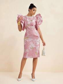 TIYA Elegant Jacquard Faux Pearl Neck Big Flared Sleeve Short Dress With Waist Belt Women Summer Party - Pink - View 3