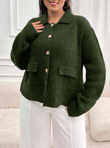 EURMUSE 大码纯色针织开衫，秋冬休闲 - 軍綠色 - 查看 3