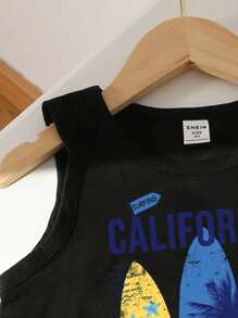 SHEIN Young Boy Casual Vacation Style, Colorful Surfboard Print, Classic California City Name Print, Star, Palm Tree Silhouette Print Tank Top, Suitable For Summer Beach Swim Surfing