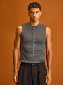 Musero Ribbed Button Through Long Line Tank Top Summer Tops Summer Holiday Vacation - Dusty Blue - View 1