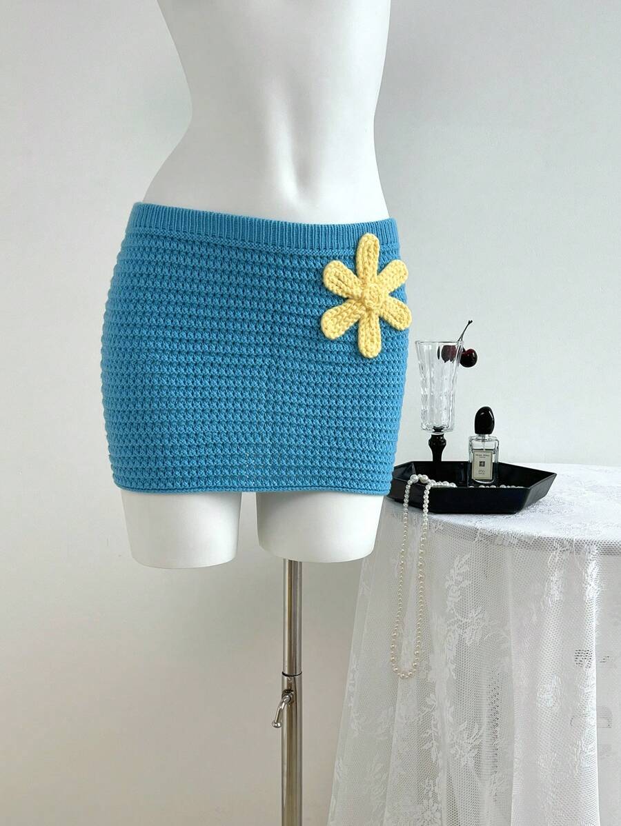 SHEIN Unity 女士度假/休闲 3D 花卉装饰针织 A 字裙 - 薄荷藍 - 查看 1