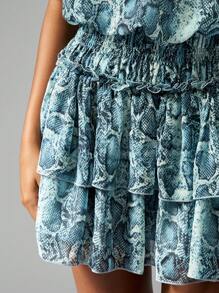 MISSGUIDED Snake Print Halter Neck Mini Dress Tiered Ruffle Summer Spring Party Festival Holiday Resort Sleeveless Backless Elastic Waist Design - Blue - View 6