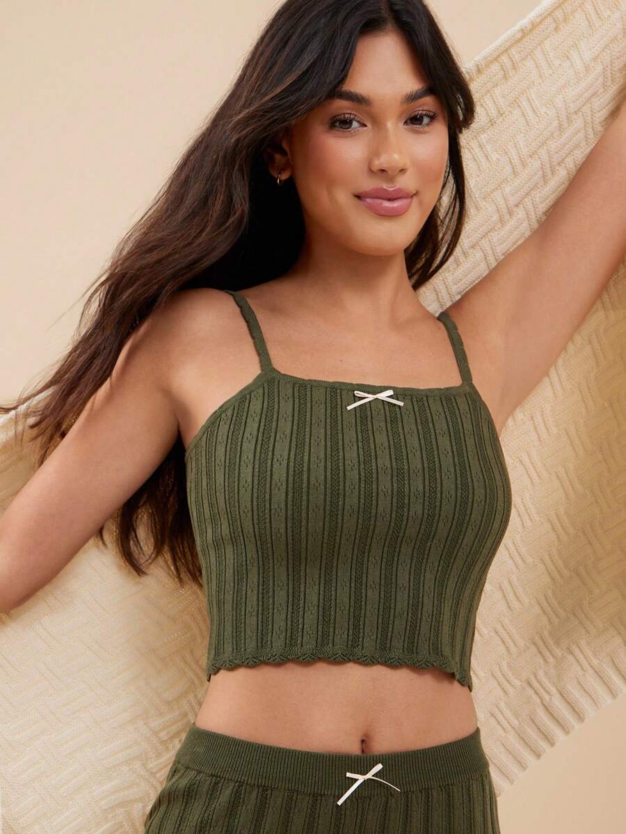 WESTFADE Atasan Rajut Model Cami Pendek dengan Tali Bahu Tipis dan Pita di Bagian Depan, Cocok untuk Musim Panas, Gaya Boho, Gaya Koboi, dan Pantai. - Hijau Tentara - View 1