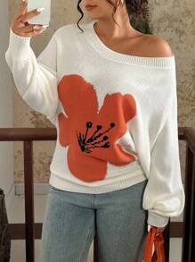 SHEIN VCAY Suéter con estampado floral de manga de bata de talla grande, informal para primavera y otoño, suéter de otoño, suéter, jersey para mujer, suéter floral Y2k 2000s, blusas lindas para salir, blusas gráficas de otoño para mujer, de talla grande, de otoño e invierno para mujer, de vuelta al colegio, casual de negocios, vintage de campo, grunge, básico, cumpleaños para mujer, salida nocturna, maestro para mujer - Beis - Ver 1