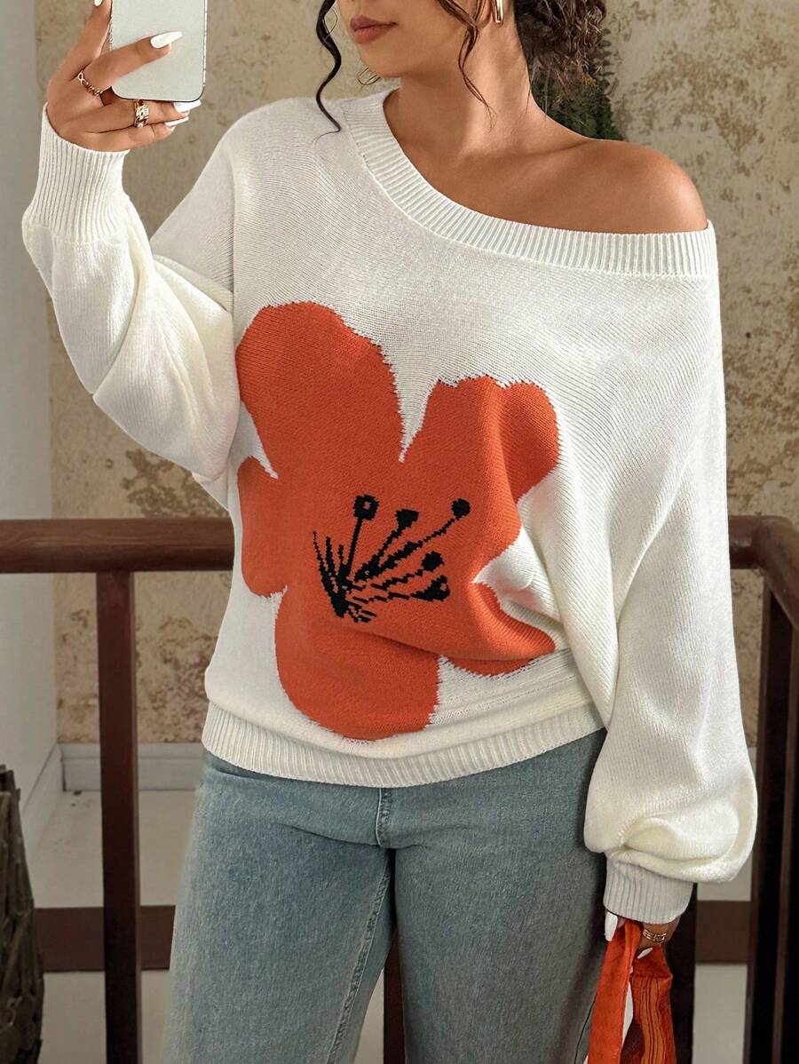 SHEIN VCAY Suéter con estampado floral de manga de bata de talla grande, informal para primavera y otoño, suéter de otoño, suéter, jersey para mujer, suéter floral Y2k 2000s, blusas lindas para salir, blusas gráficas de otoño para mujer, de talla grande, de otoño e invierno para mujer, de vuelta al colegio, casual de negocios, vintage de campo, grunge, básico, cumpleaños para mujer, salida nocturna, maestro para mujer - Beis - Ver 1