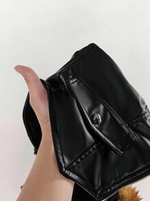 Amplova Women's Vintage Edgy Runway V-Neck Fluffy Cropped Jacket With Asymmetric Hem PU Leather In Fall/Winter - Multicolor - View 8