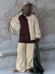 DAZY 青少年女孩格子绗缝韩版休闲街头长袖宽松棉服外套，冬季 - 米色 - 查看 4