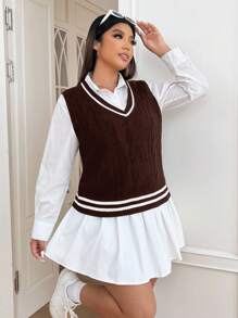 SHEIN EZwear 秋冬大码休闲撞色条纹针织背心 - 棕色 - 查看 3