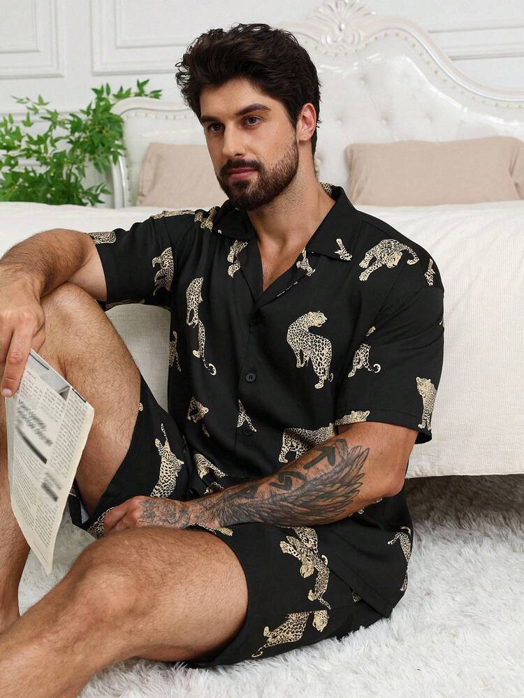 Men's Leopard Allover Print Shirt & Shorts Pajama Set, Summer Loungewear