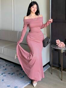 DAZY 2pcs Women Set, Casual Off Shoulder Top T-Shirt & Fishtail Skirt, Fitted And Sexy, Suitable For Spring/Summer, Autumn,Fall Women Clothes - Coral Pink - View 1