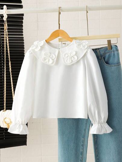 SHEIN Young Girls Casual Versatile Woven Solid Color 3D Flowers Decor Cute Doll Lapel Collar Turndown Collar Puff Long Sleeve Fitted Ruffle Hem White Shirt, Gigot Sleeve Button Retro Peak Lapels Front Curved Hem White Shirt, Back To School, Back To School, Summer Tops, Young Girl Clothes, Babydoll Top, White Top, White Shirt, Long Sleeve Tops, Cute Tops, Back To School Season, Mom And Daughter & Sisters Matching.