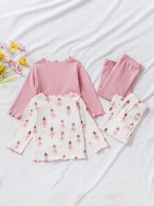 SHEIN 4 件套女婴休闲可爱芭蕾女孩图案粉色 2 件长袖上衣 + 2 件裤子套装，秋冬 - 彩色 - 查看 2