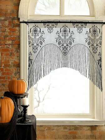 Goth 1pc Black Lace Door Curtain, Gothic Style Door Curtain,Halloween Bat Curtain - Black Lace Tassel Door/Window Curtain For Haunted Decor,Home Decor