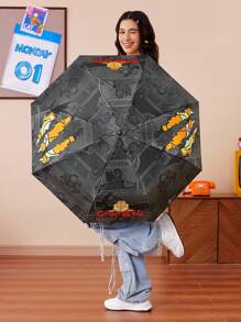 GARFIELD | SHEIN 1 chiếc ô gấp ba tự động đóng mở họa tiết hoạt hình dễ thương, có chức năng chống nắng, thích hợp cho đi học, đi làm, đi chơi và sử dụng hàng ngày, được thiết kế cho sinh viên đại học, học sinh trung học, người dùng nam và nữ, mèo - màu đen - Xem 3
