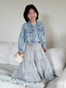 Girls Casual Distressed Denim Bomber Jacket, Soft Washed Lightweight Chic Streetwear For Summer - Medium Wash - View 8