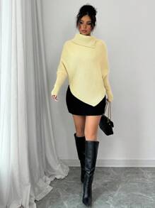 SHEIN Elenzya 女式不对称蝙蝠袖高领纯色经典针织毛衣，适合秋冬季，时尚百搭，适合假期和度假，黄色毛衣淡黄色上衣黄色围脖领毛衣黄油黄色毛衣女式毛衣针织套头衫秋季 - Butter Yellow - 查看 5