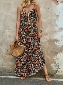 SHEIN LUNE 女士舒适弹力针织花卉印花休闲连衣裙，适合春夏季度假 - 彩色 - 查看 4