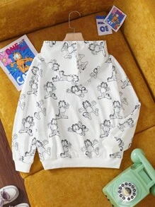 GARFIELD | SHEIN Áo nỉ dáng rộng, vai rớt, in hình hoạt hình dành cho bé gái tuổi teen, phong cách thường ngày cho đầu thu đông. - trắng - Xem 3
