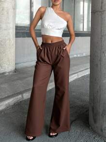 EURMUSE RueChic Satin High Waist Wide Leg Pant - Mocha Brown - View 3