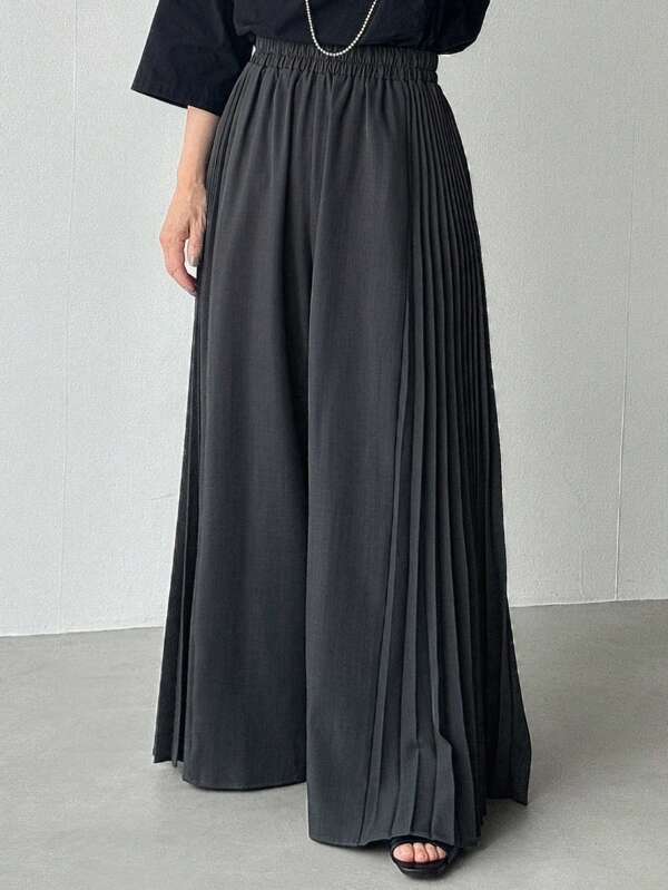FRIFUL Women's Solid Gray Elastic Waist Side Pleated Casual Versatile Wide Leg Pants