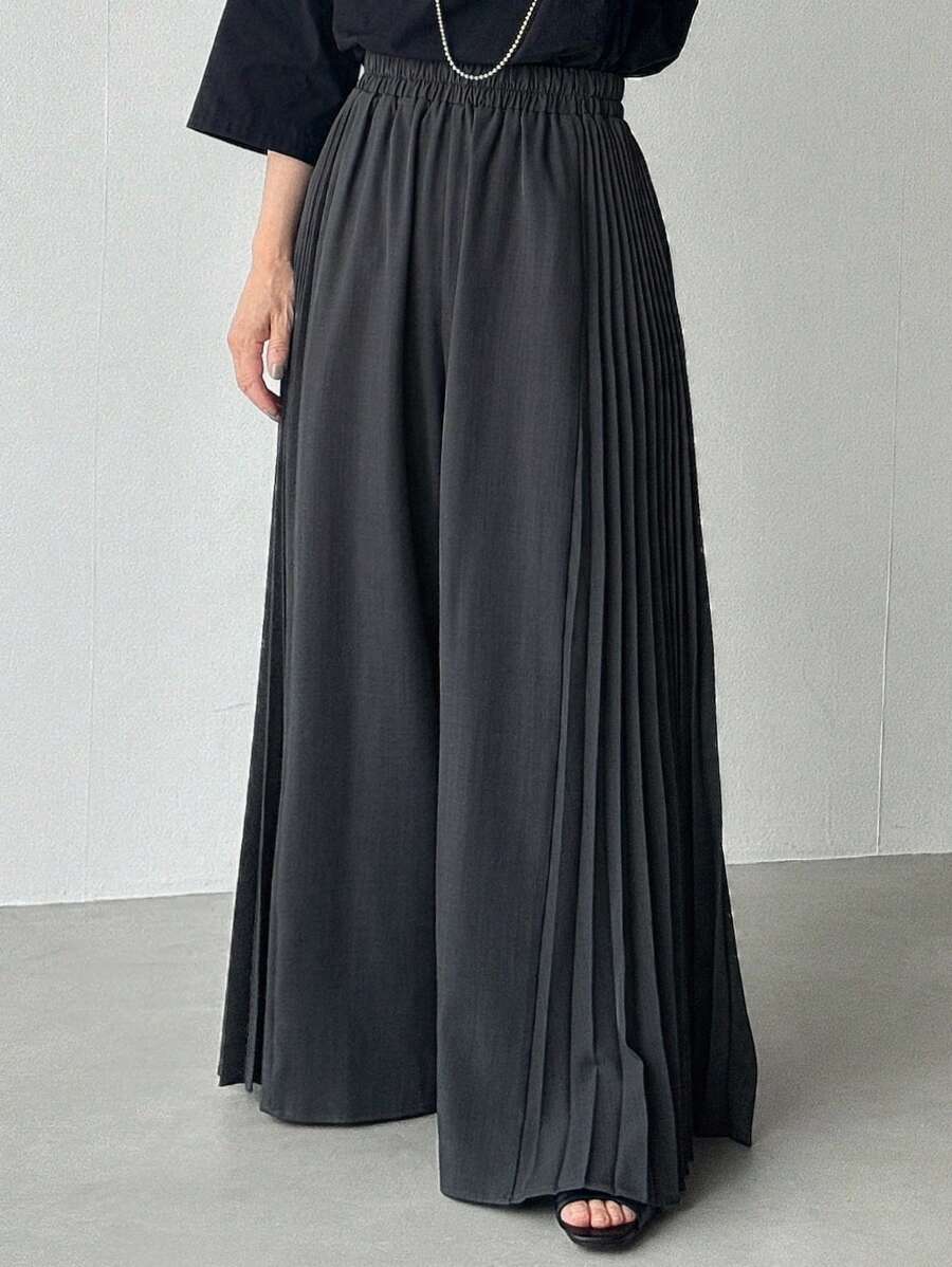 FRIFUL Women's Solid Gray Elastic Waist Side Pleated Casual Versatile Wide Leg Pants Fall - Grey - View 1