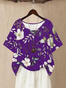 Linhara Blusa casual cómoda para mujer de talla grande con cuello redondo, manga corta y decoración de botones, con estampado floral - Multicolor - Ver 1