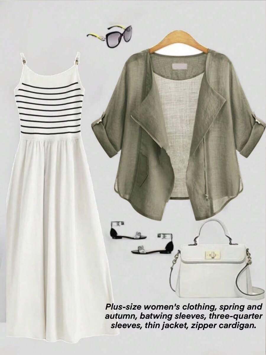 SHEIN LUNE Plus Size Solid Color Jacket, Suitable For Commuting In Summer And Autumn Winter Fall - Army Green - View 1