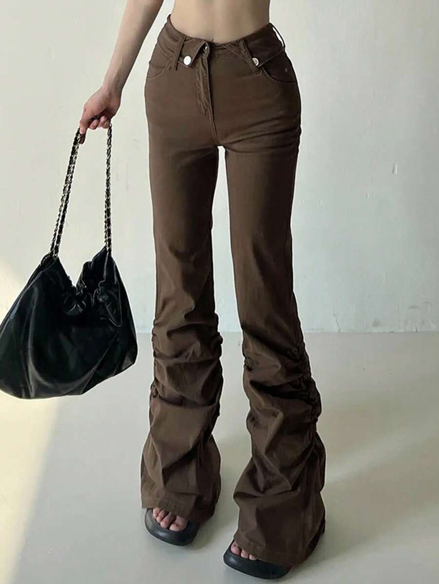DAZY Pantalones casuales de mujer de unicolor con bolsillos y vuelo plisado - Marrón - Ver 1
