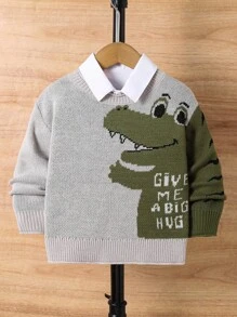 儿童小男孩绿色卡通动物图案圆领保暖针织可爱毛衣，适合派对、生日穿着 - 灰色 - 查看 6