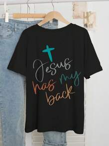 Women's Casual Heart And Cross Logo Print Round Neck T Shirt,Summer Style - 黑色 - 查看 2