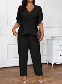 SHEIN Frenchy Conjunto de chaqueta y pantalón con manga con volantes de talla grande para mujer, conjunto de ropa para vacaciones en otoño/invierno - Negro - Ver 5