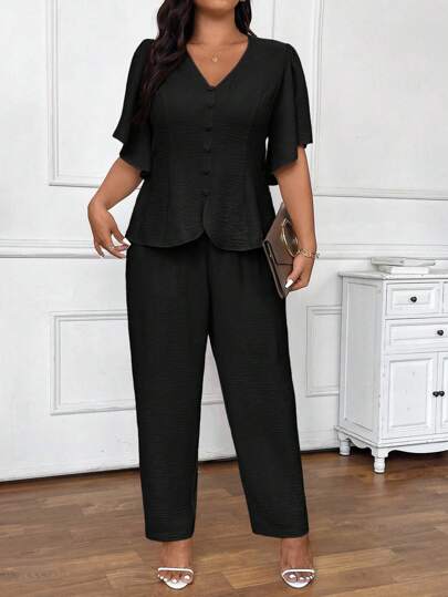 SHEIN Frenchy Bộ đồ vest và quần dài tay bèo nhún cài đơn cỡ lớn cho nữ, trang phục ngày lễ cho phụ nữ vào mùa thu/đông