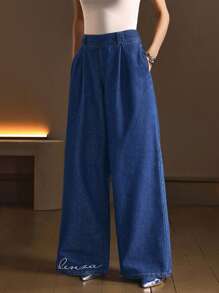 SHEIN BAE Quần Jeans Ống Rộng Thêu Chữ Thường Ngày Cho Nữ - Màu xanh lam - Xem 4