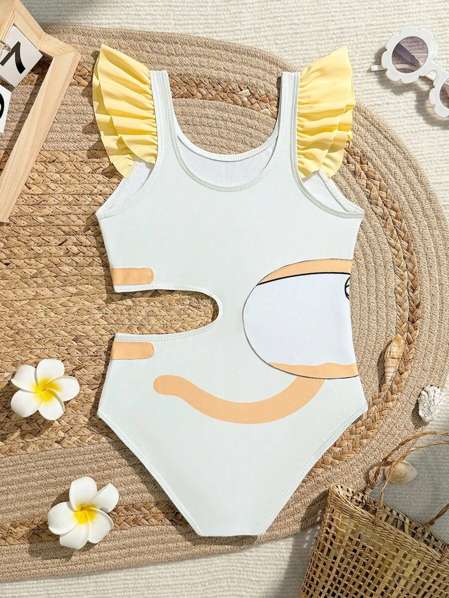 SHEIN 少女卡通印花镂空连体泳衣 - 彩色 - 查看 1