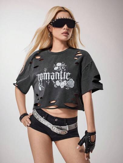 Y2Kool Emi Bee Distressed Dark Grey Ripped Punk Rock Oversized Short Cropped Round Neck T-Shirt For Women, Casual Streetwear, Suitable For Summer, Party, Everyday, Music Festival Cropped Graphic Tees Woman Baggy Crop Top Punk Tops Edgy Clothes Woman Gothic Tops