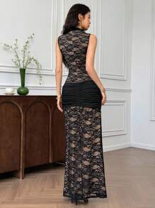 EastFlair Vestido Feminino de Renda Transparente com Fenda Alta na Lateral, Sem Mangas, Sexy