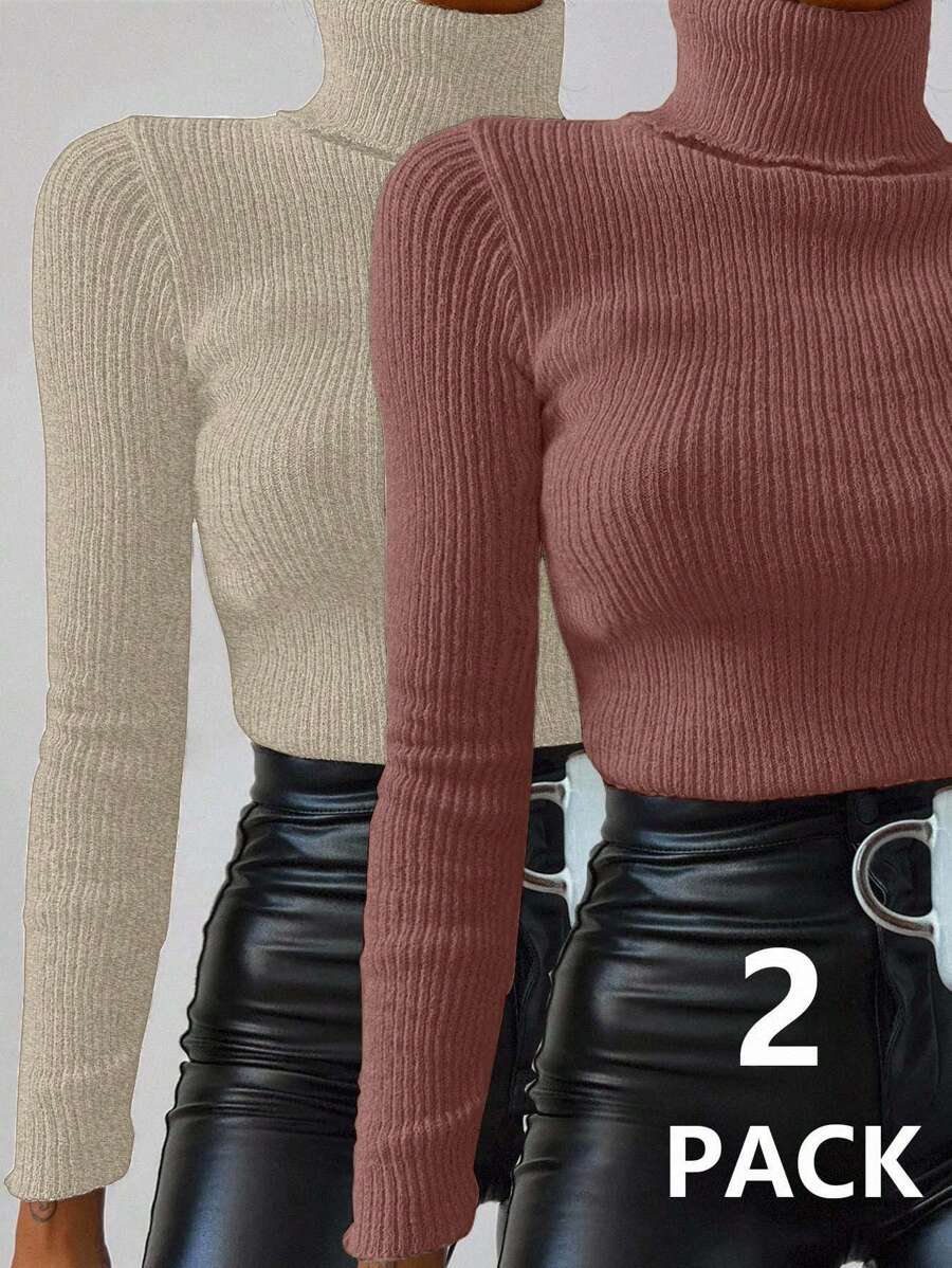 EURMUSE 2pcs/Pack Women's High Neck Long Sleeve Fitted Versatile Style Sweaters - Multicolor - View 1